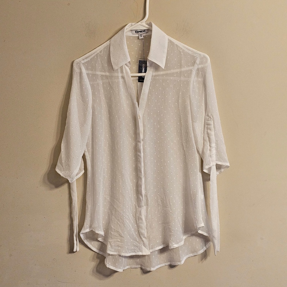 Express White Clip Dot Sheer Button Up Blouse Tie Sleeve XS 09705900-0001